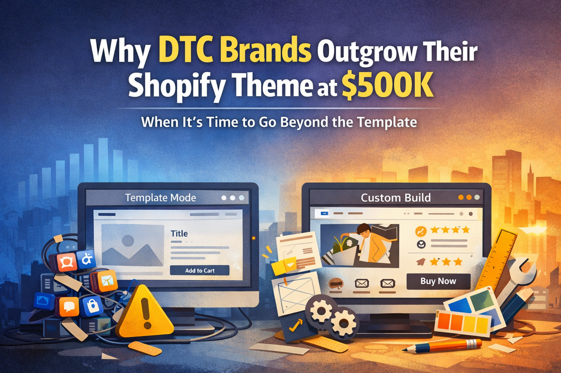 Illustration comparing a generic Shopify theme with a custom Shopify storefront for growing DTC brands