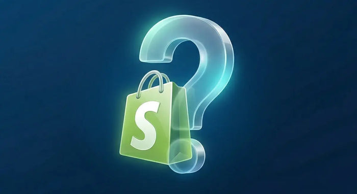 Glowing question mark beside a green Shopify shopping bag, illustrating what to look for when hiring a Shopify agency
