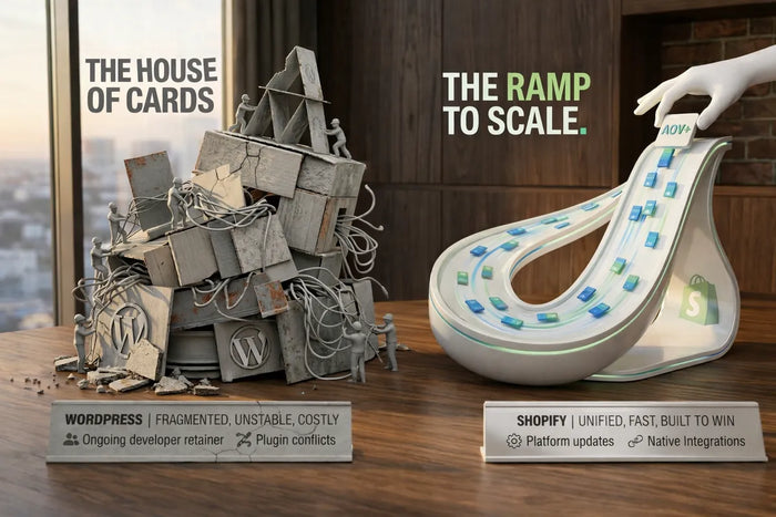 Shopify and WordPress compared side by side for DTC brands scaling ecommerce