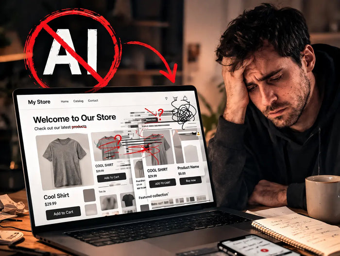 Frustrated man reviewing a broken AI Shopify store on a laptop, representing why AI-generated Shopify websites can fail