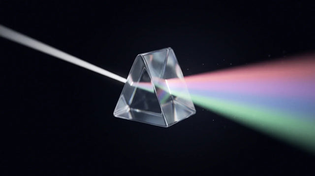 A beam of light refracting through a liquid-glass prism into a soft rose-to-mint spectrum on a near-black background, hero image for a 2026 guide to the best attribution tools for Shopify