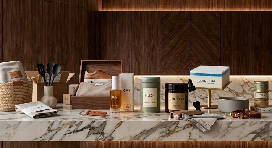 DTC brand product spread: home goods, apparel, skincare, candles, and pet accessories