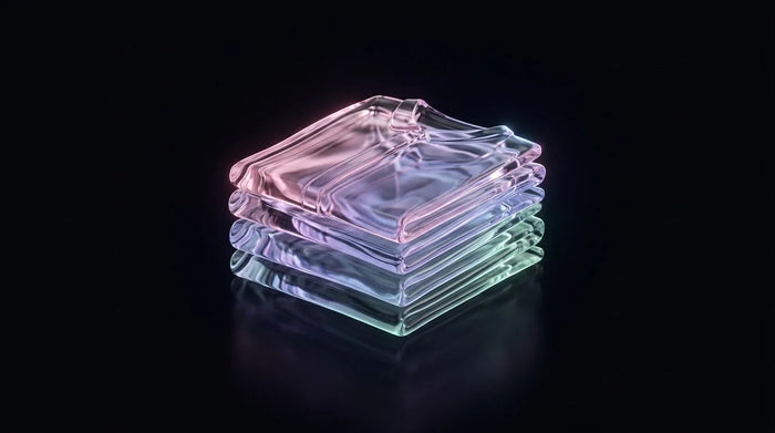 Translucent liquid-glass stack of neatly folded garments on a near-black background, representing the best Shopify agencies for apparel and fashion brands in 2026.