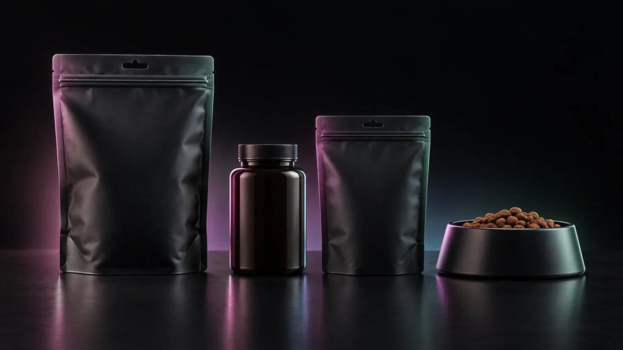 Premium pet products including a pet food bag, supplement jar, treat pouch, and bowl on a dark studio backdrop, illustrating the best Shopify agencies for pet brands in 2026
