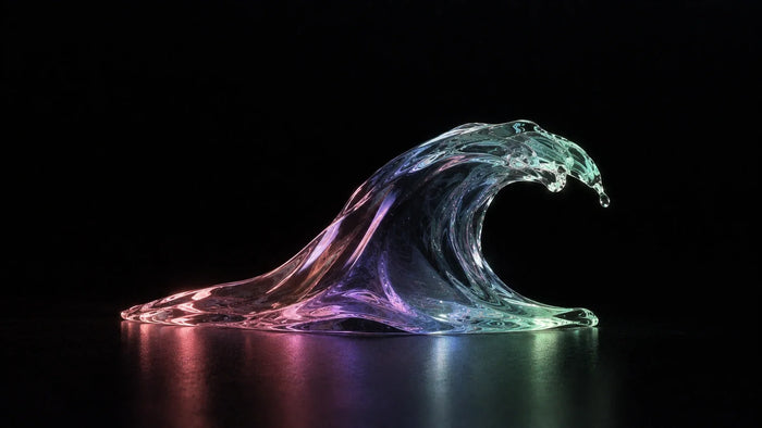Glass wave sculpture on a near-black background, representing the best Shopify agencies for swimwear and bikini brands in 2026