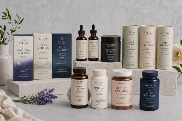 Supplement and wellness DTC product spread: capsules, powders, tinctures, collagen, and gummies