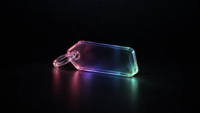 Translucent glass price tag on a near-black background, representing the cost of building a custom Shopify subscription store