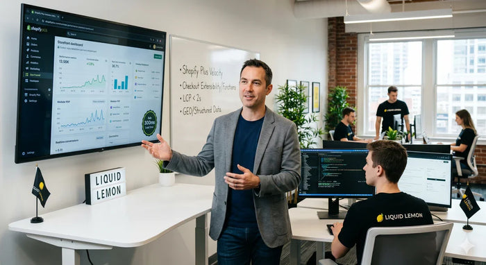 Liquid Lemon team reviewing a Shopify Plus performance dashboard in their agency office