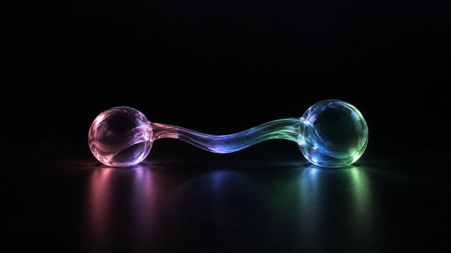 Two glass spheres joined by a flowing link, representing migrating Shopify subscriptions without losing subscribers