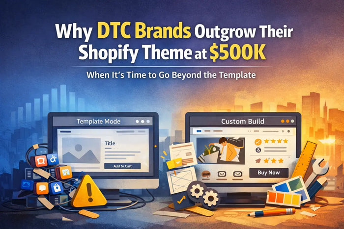 Generic Shopify theme compared with a custom Shopify storefront for DTC brands outgrowing their template at $500K