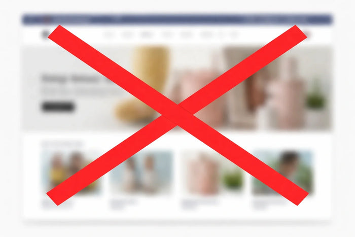 Common Shopify design mistakes that hurt conversion rate, shown by Liquid Lemon: a blurred storefront marked with a red X