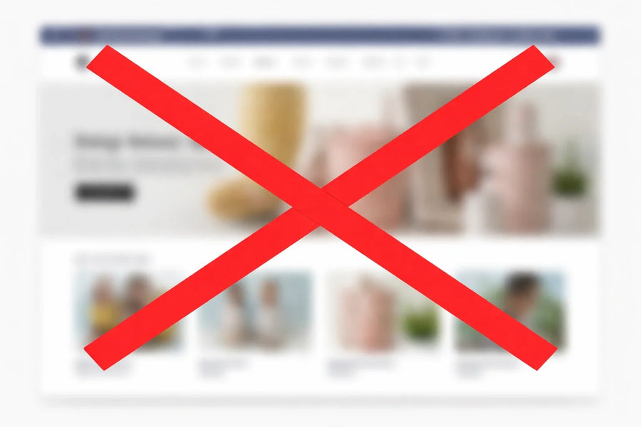 Common Shopify design mistakes that hurt conversion rate, shown by Liquid Lemon: a blurred storefront marked with a red X