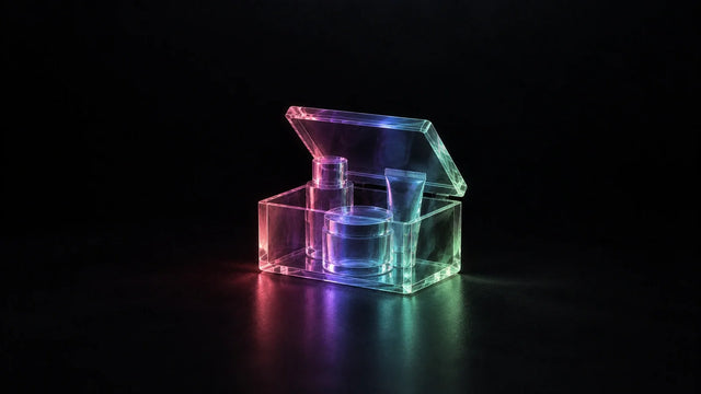 Open glass box holding three products, representing fixed set and build-a-box Shopify subscription bundles
