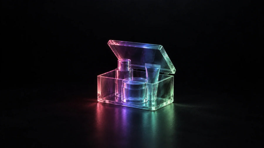 Open glass box holding three products, representing fixed set and build-a-box Shopify subscription bundles