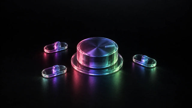 Glass dial and buttons on a near-black background, representing a Shopify subscription customer portal with skip, pause, swap and cancel controls