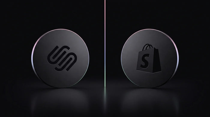 Squarespace and Shopify logos facing off on a dark premium background, illustrating a Squarespace vs Shopify ecommerce comparison