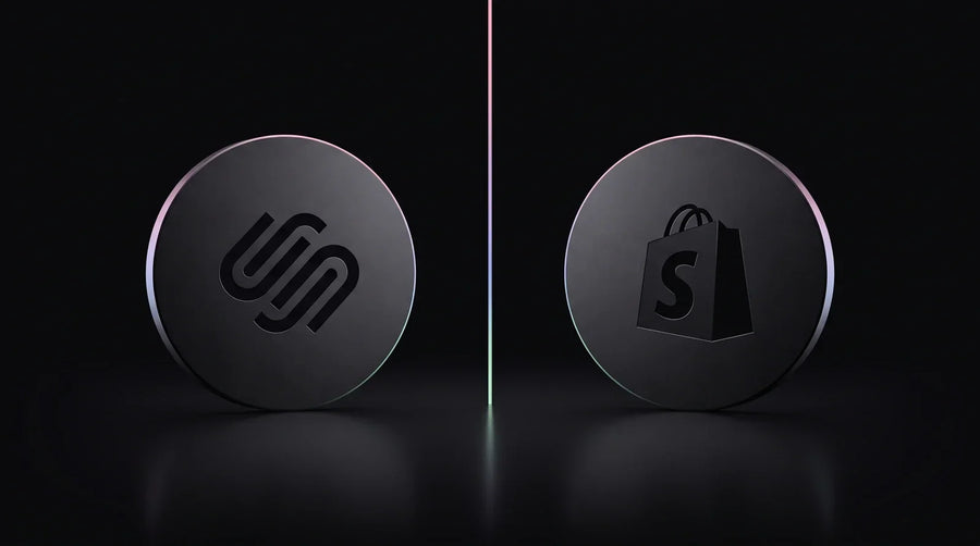 Squarespace and Shopify logos facing off on a dark premium background, illustrating a Squarespace vs Shopify ecommerce comparison