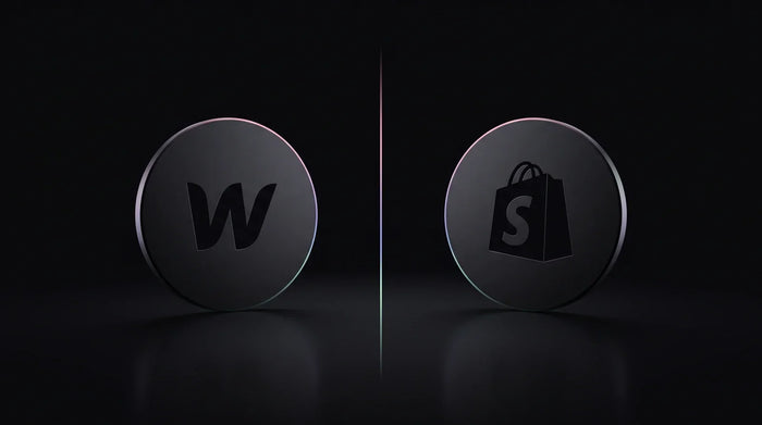 Webflow and Shopify logos facing off on a dark premium background, illustrating a Webflow vs Shopify ecommerce comparison