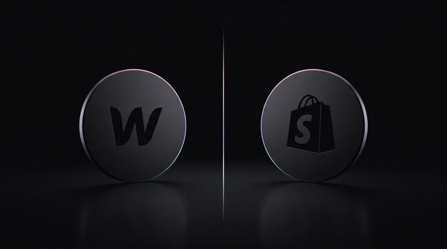 Webflow and Shopify logos facing off on a dark premium background, illustrating a Webflow vs Shopify ecommerce comparison
