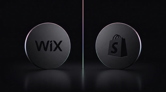 Wix and Shopify logos facing off on a dark premium background, illustrating a Wix vs Shopify ecommerce comparison