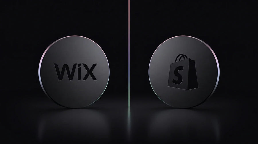 Wix and Shopify logos facing off on a dark premium background, illustrating a Wix vs Shopify ecommerce comparison
